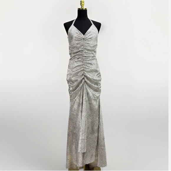 Jessica McClintock Vintage Satin Mermaid Dress Polka Dot Halter Gown Maxi Glam - Picture 1 of 16